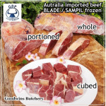 Beef BLADE Australia frozen daging sapi sampil CUBED-DADU RENDANG / CURRY BITE-SIZE 2cm 5/8" (price/pack 600g +/-50pcs) any brand in stock; GBP, WMPG, RALPHS or AMH